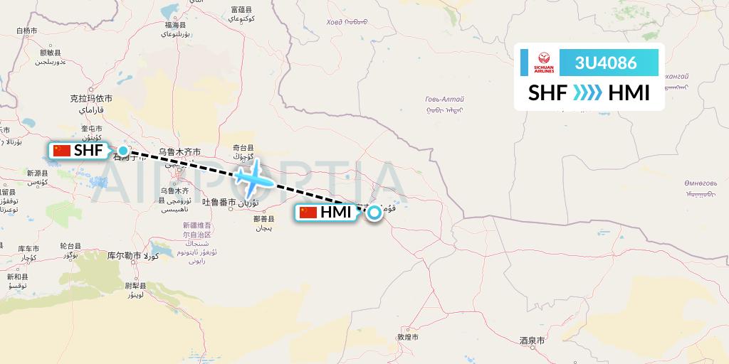 3U4086 Sichuan Airlines Flight Map: Shihezi to Hami City