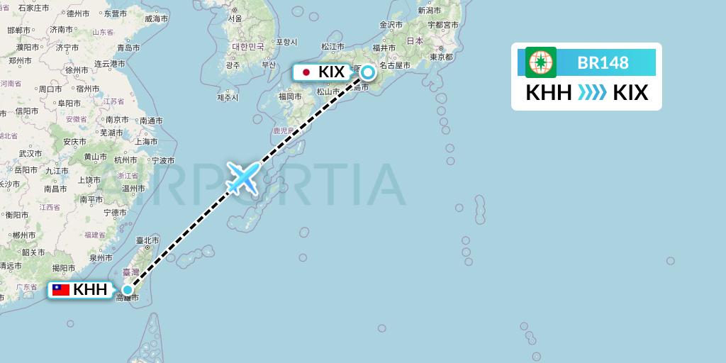 BR148 EVA Air Flight Map: Kaohsiung to Osaka