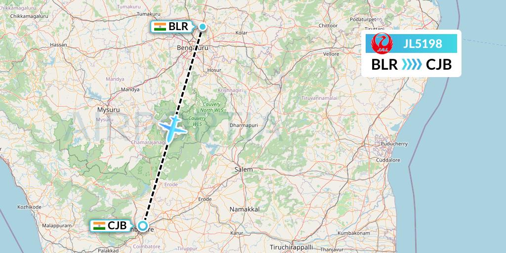 JL5198 Japan Airlines Flight Map: Bangalore to Coimbatore