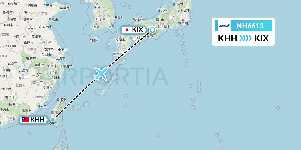 NH6613 All Nippon Airways Flight Map: Kaohsiung to Osaka
