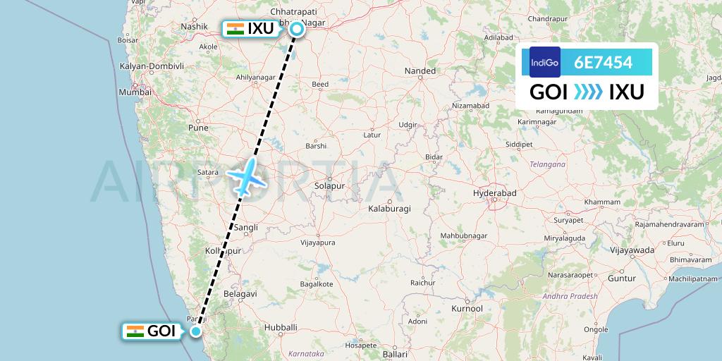 6E7454 IndiGo Airlines Flight Map: Goa to Aurangabad