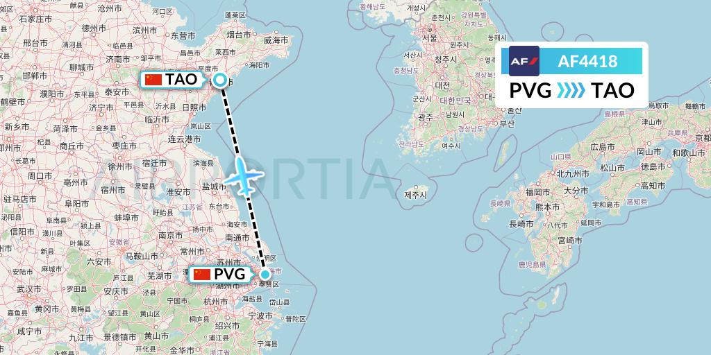 AF4418 Air France Flight Map: Shanghai to Qingdao