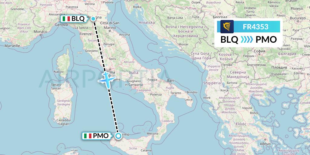 FR4353 Ryanair Flight Map: Bologna to Palermo