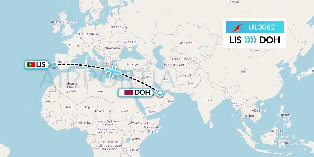 UL3062 SriLankan Airlines Flight Map: Lisbon to Doha