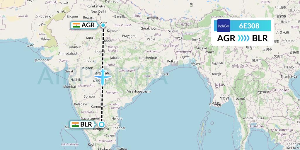 6E308 IndiGo Airlines Flight Map: Agra to Bangalore