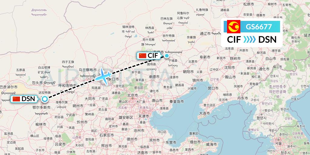 GS6677 Tianjin Airlines Flight Map: Chifeng to Dongsheng