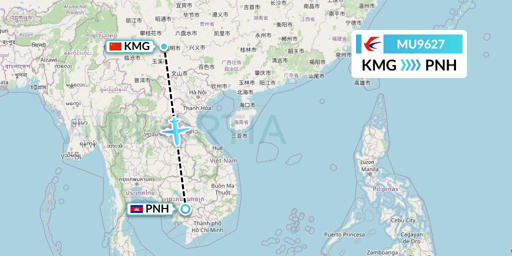 MU9627 China Eastern Airlines Flight Map: Kunming to Phnom Penh