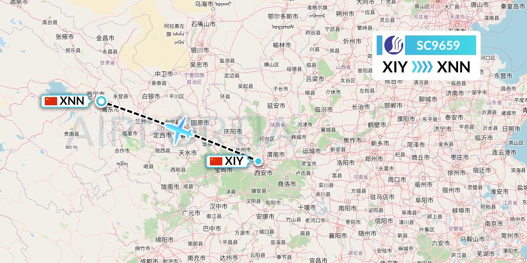 SC9659 Shandong Airlines Flight Map: Xi'an to Xining