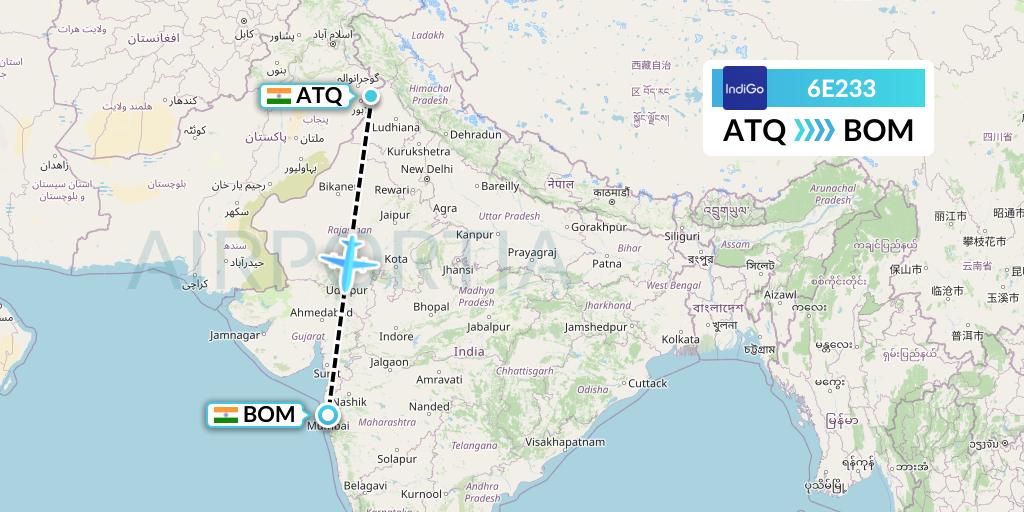 6E233 IndiGo Airlines Flight Map: Amritsar to Mumbai