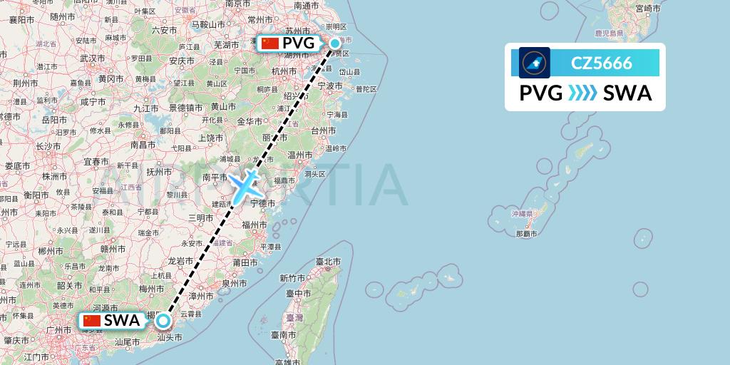 CZ5666 China Southern Airlines Flight Map: Shanghai to Jieyang