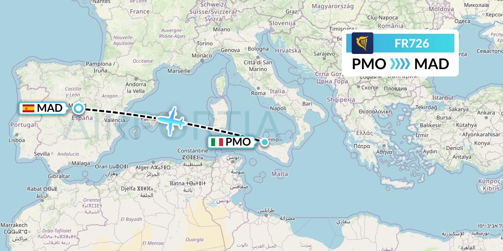 FR726 Ryanair Flight Map: Palermo to Madrid