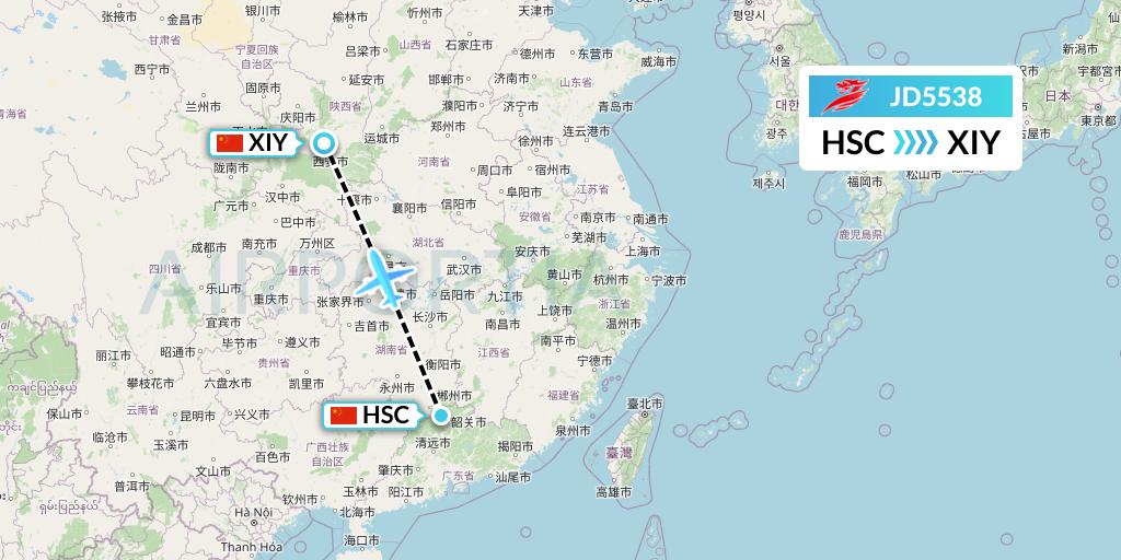 JD5538 Capital Airlines Flight Map: Shaoguan to Xi'an