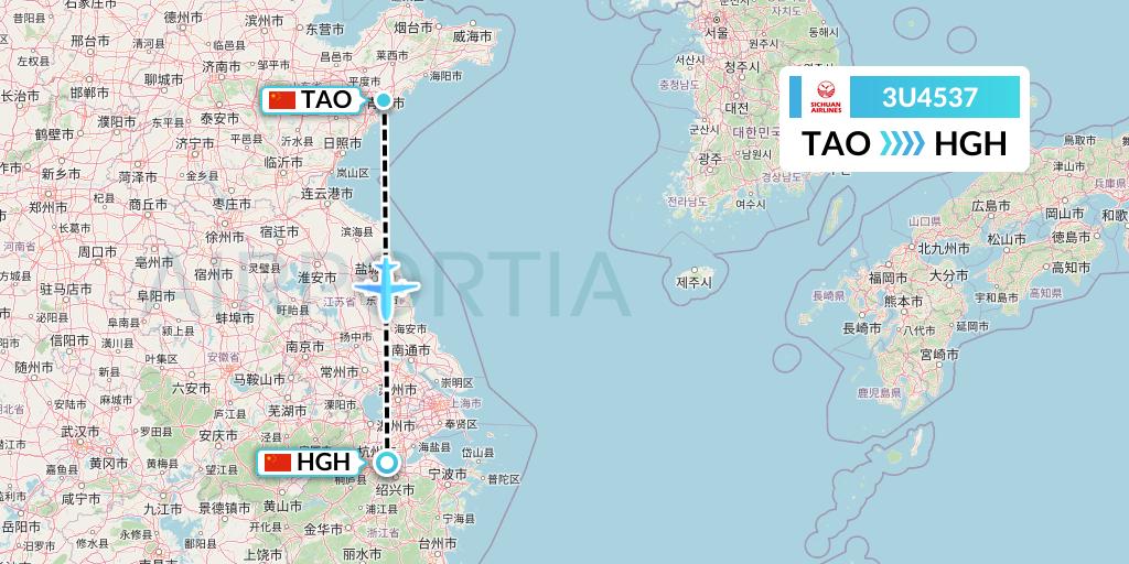 3U4537 Sichuan Airlines Flight Map: Qingdao to Hangzhou