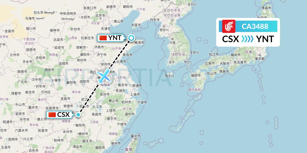 CA3488 Air China Flight Map: Changsha to Yantai