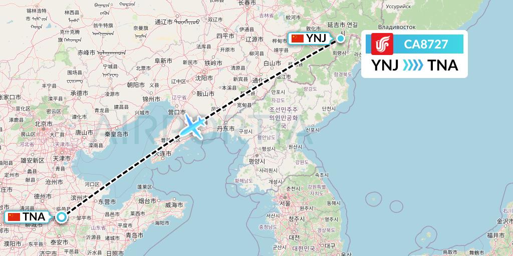 CA8727 Air China Flight Map: Yanji to Jinan