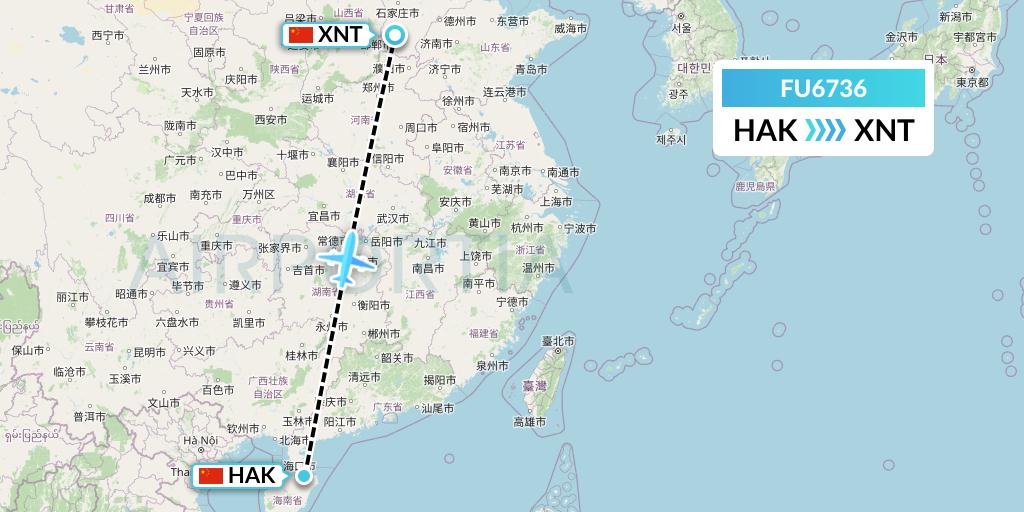 FU6736 Fuzhou Airlines Flight Map: Haikou to Xingtai