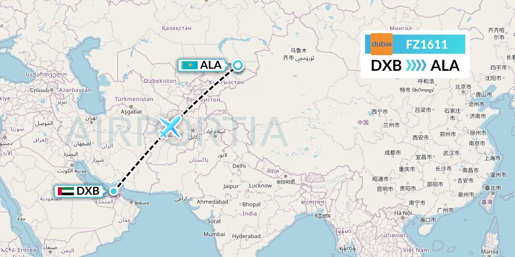 FZ1611 FlyDubai Flight Map: Dubai to Almaty