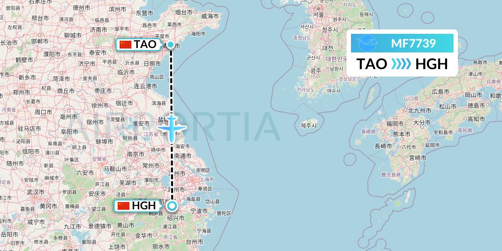 MF7739 Xiamen Airlines Flight Map: Qingdao to Hangzhou