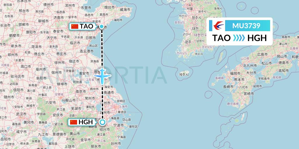 MU3739 China Eastern Airlines Flight Map: Qingdao to Hangzhou