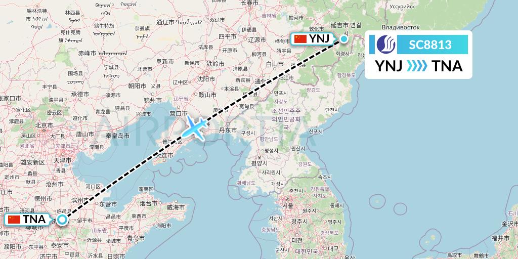 SC8813 Shandong Airlines Flight Map: Yanji to Jinan