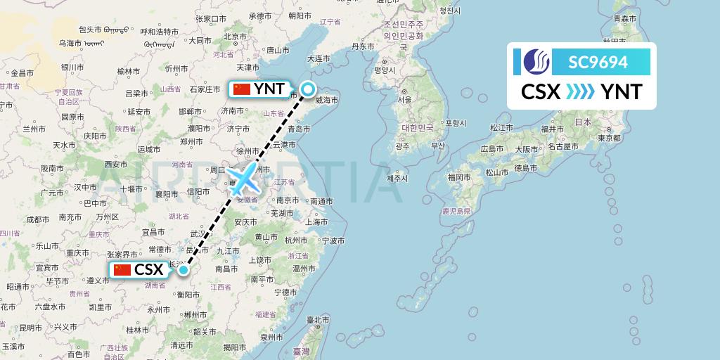 SC9694 Shandong Airlines Flight Map: Changsha to Yantai