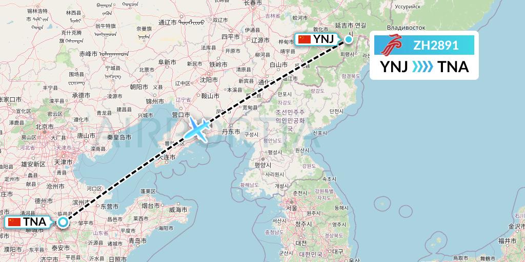 ZH2891 Shenzhen Airlines Flight Map: Yanji to Jinan