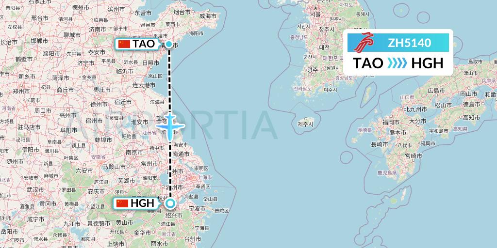 ZH5140 Shenzhen Airlines Flight Map: Qingdao to Hangzhou