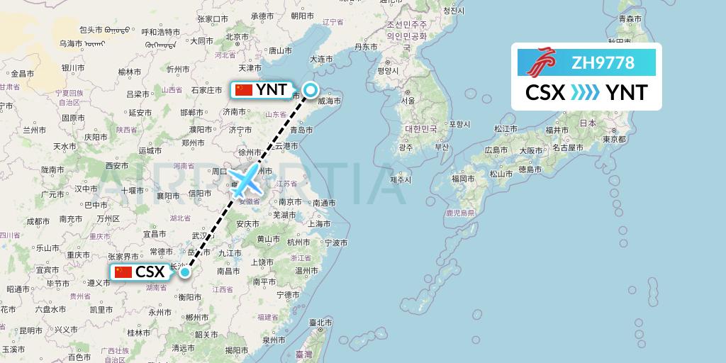 ZH9778 Shenzhen Airlines Flight Map: Changsha to Yantai