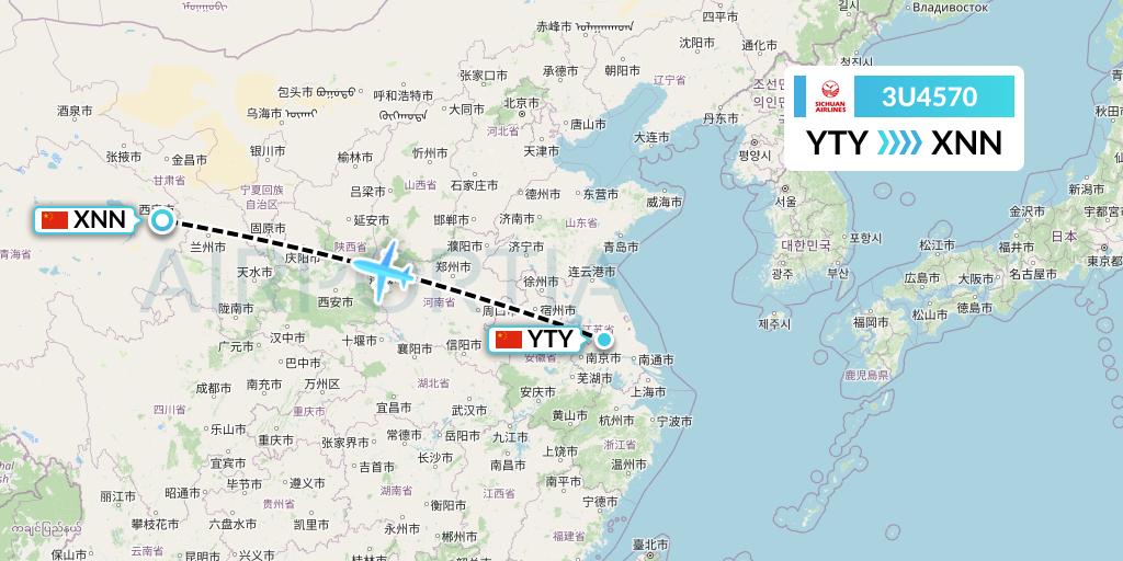 3U4570 Sichuan Airlines Flight Map: Yangzhou to Xining