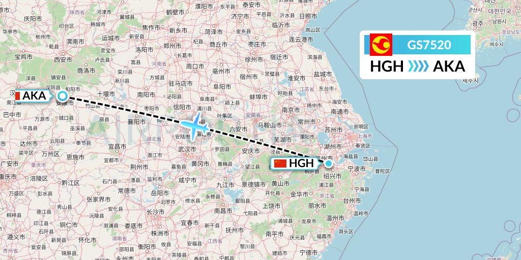 GS7520 Tianjin Airlines Flight Map: Hangzhou to Ankang