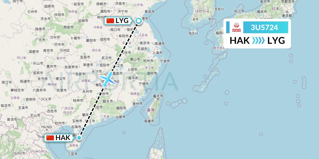 3U5724 Sichuan Airlines Flight Map: Haikou to Lianyungang