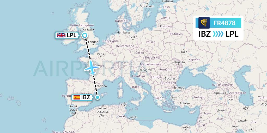 FR4878 Ryanair Flight Map: Ibiza to Liverpool