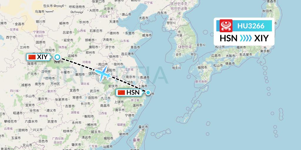 HU3266 Hainan Airlines Flight Map: Zhoushan to Xi'an