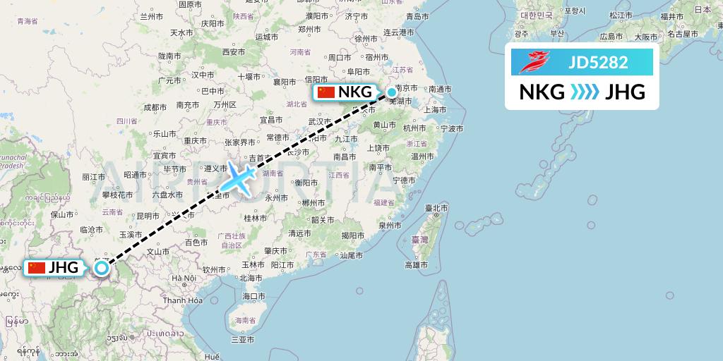 JD5282 Capital Airlines Flight Map: Nanjing to Jinghong