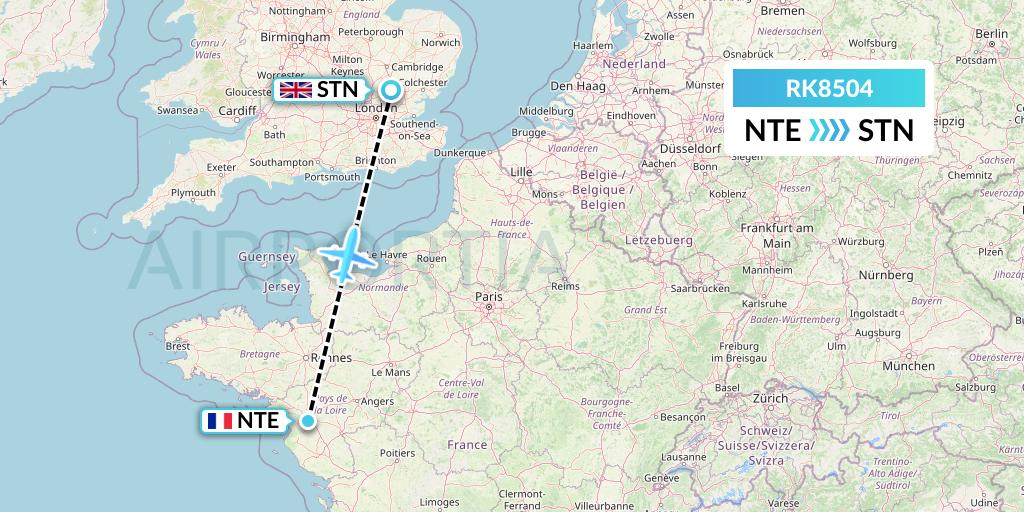 RK8504 Ryanair UK Flight Map: Nantes to London