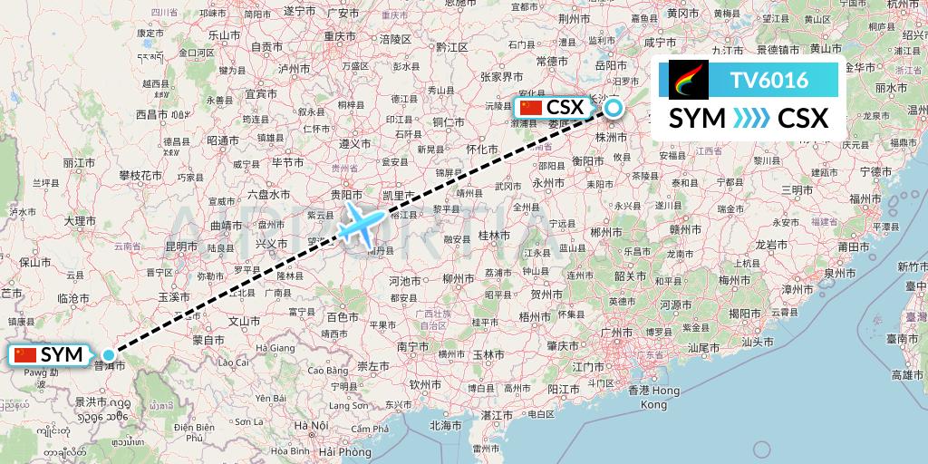 TV6016 Tibet Airlines Flight Map: Pu'er to Changsha