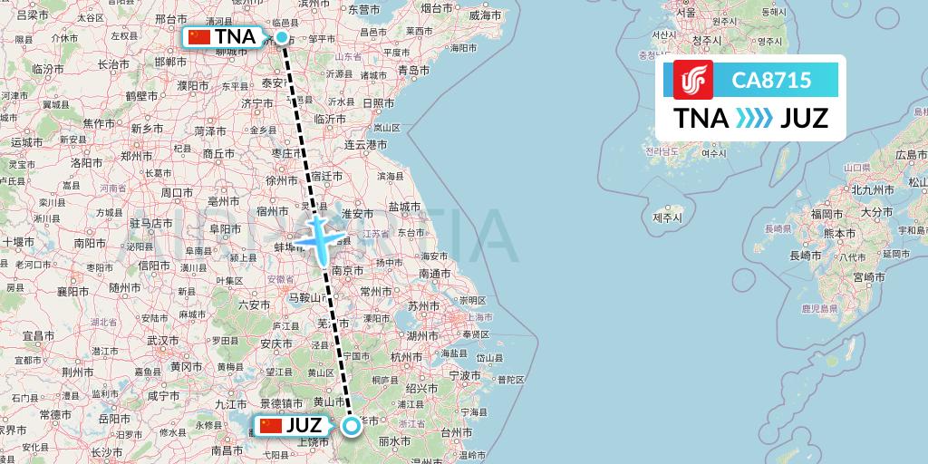 CA8715 Air China Flight Map: Jinan to Quzhou