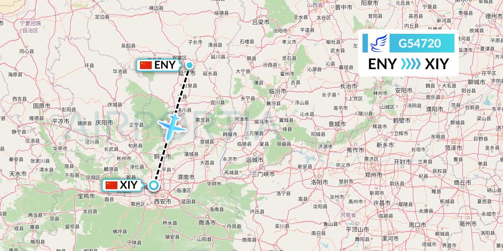 G54720 China Express Airlines Flight Map: Yan'an to Xi'an