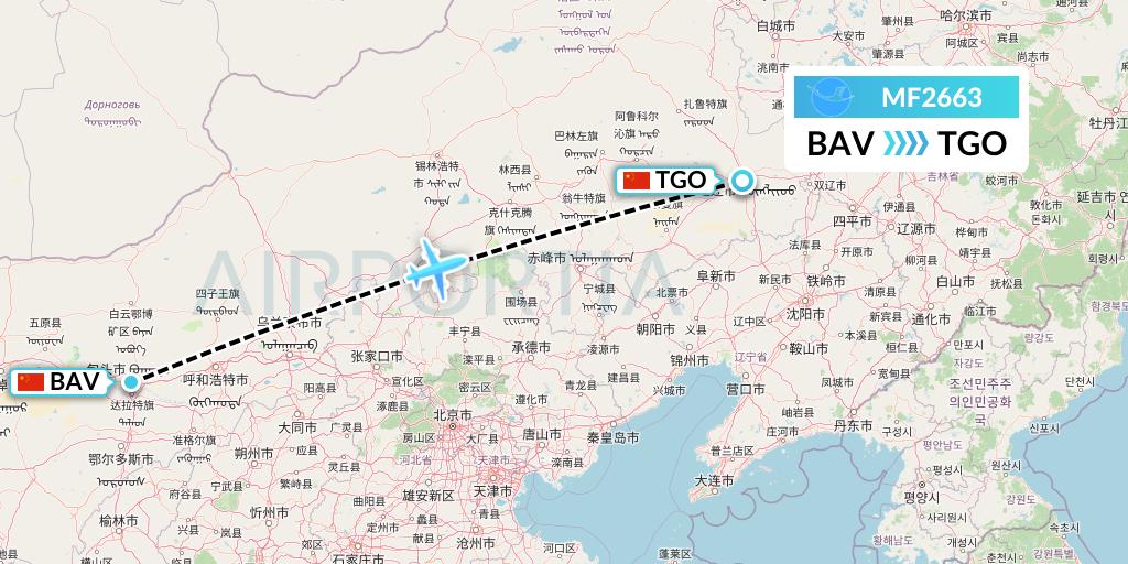 MF2663 Xiamen Airlines Flight Map: Baotou to Tongliao