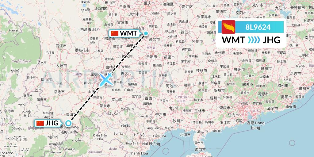 8L9624 Lucky Air Flight Map: Zunyi to Jinghong