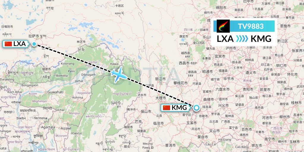TV9883 Tibet Airlines Flight Map: Lhasa to Kunming