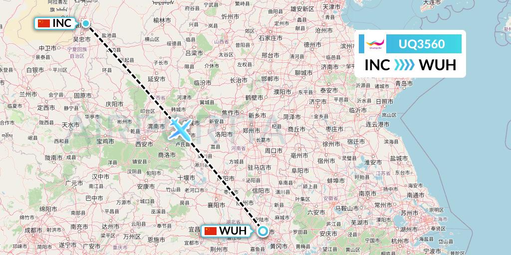 UQ3560 Urumqi Airlines Flight Map: Yinchuan to Wuhan