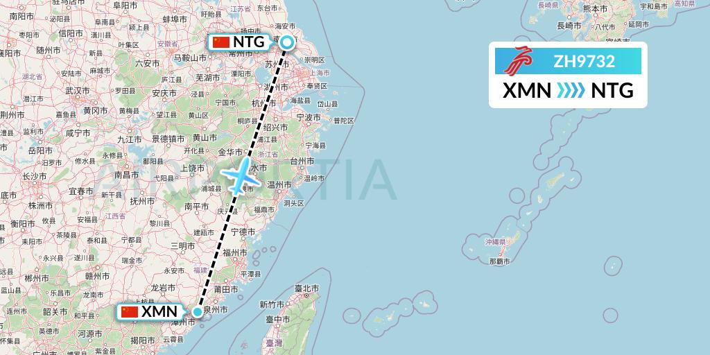ZH9732 Shenzhen Airlines Flight Map: Xiamen to Nantong