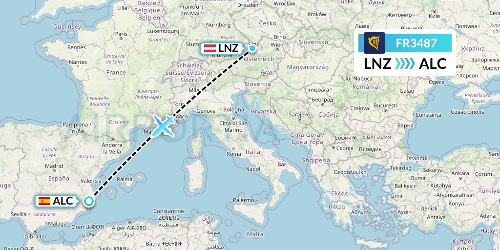 FR3487 Ryanair Flight Map: Linz to Alicante