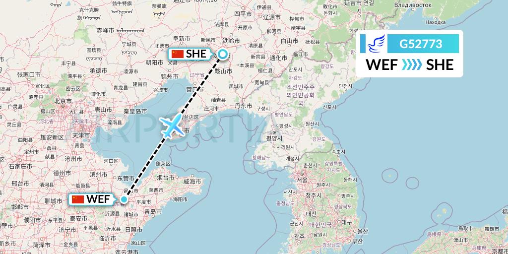 G52773 China Express Airlines Flight Map: Weifang to Shenyang