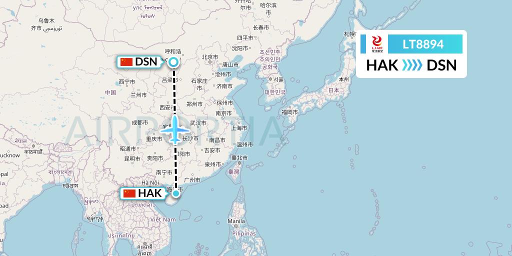 LT8894 LongJiang Airlines Flight Map: Haikou to Dongsheng