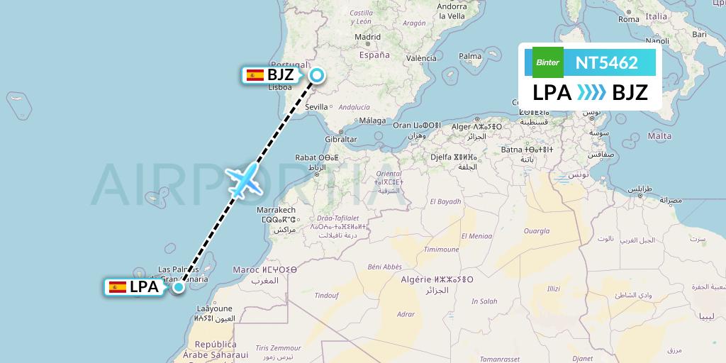 NT5462 Binter Canarias Flight Map: Las Palmas to Badajoz