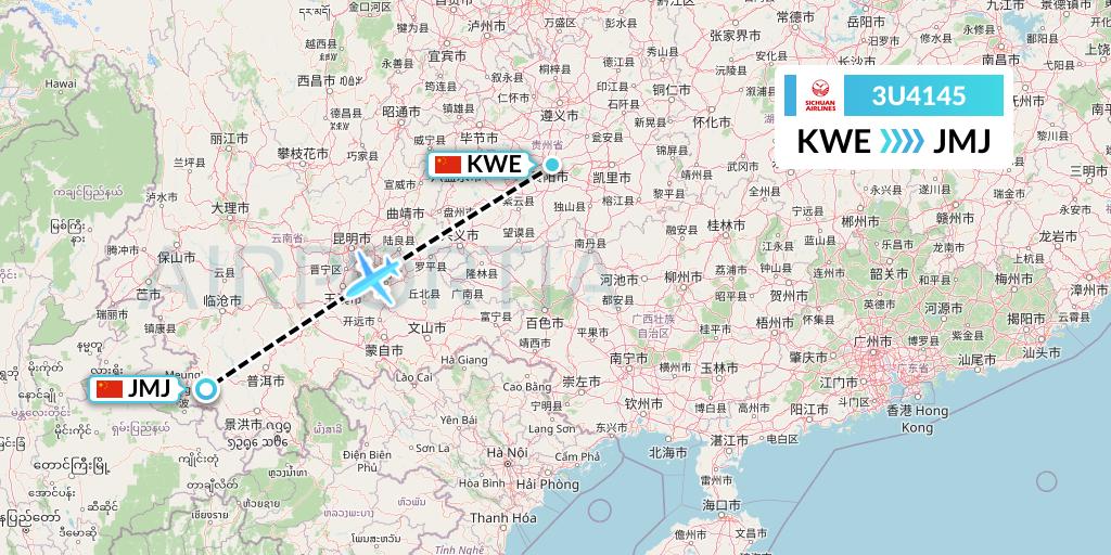 3U4145 Sichuan Airlines Flight Map: Guiyang to Pu'er