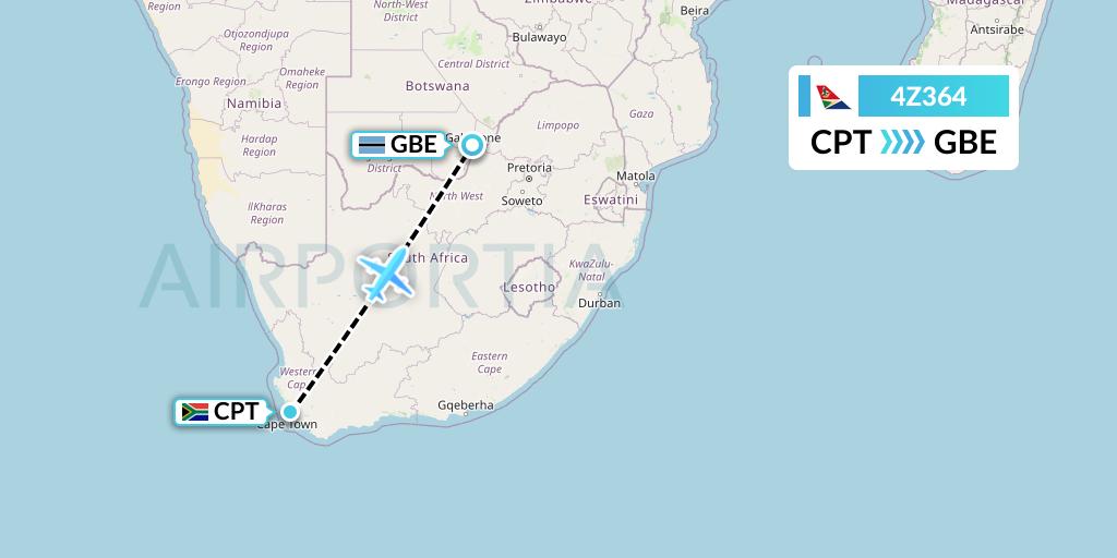 4Z364 Airlink Flight Map: Cape Town to Gaborone