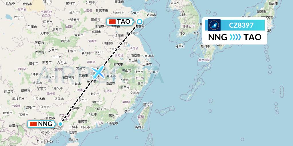 CZ8397 China Southern Airlines Flight Map: Nanning to Qingdao